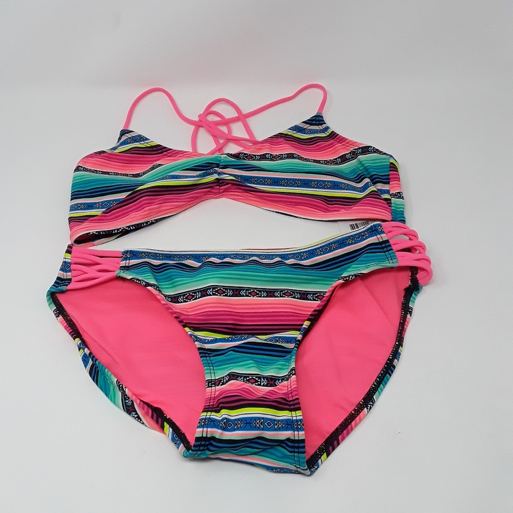 Gossip Girl Two Piece Bikini Swim Suit Blue Pink Aztex Stripe Size 16 Swimwear